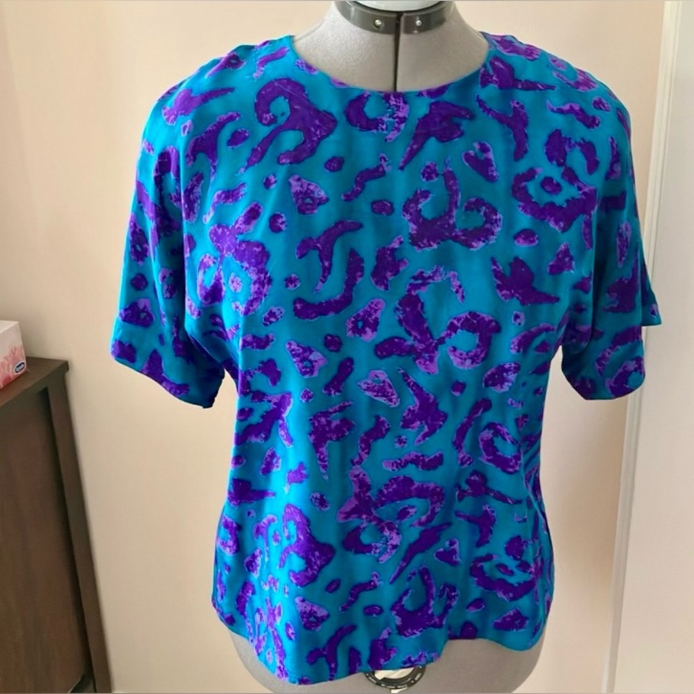 Ellen Tracey vintage silk short sleeve blouse, jewel tone teal blue & purple, 12